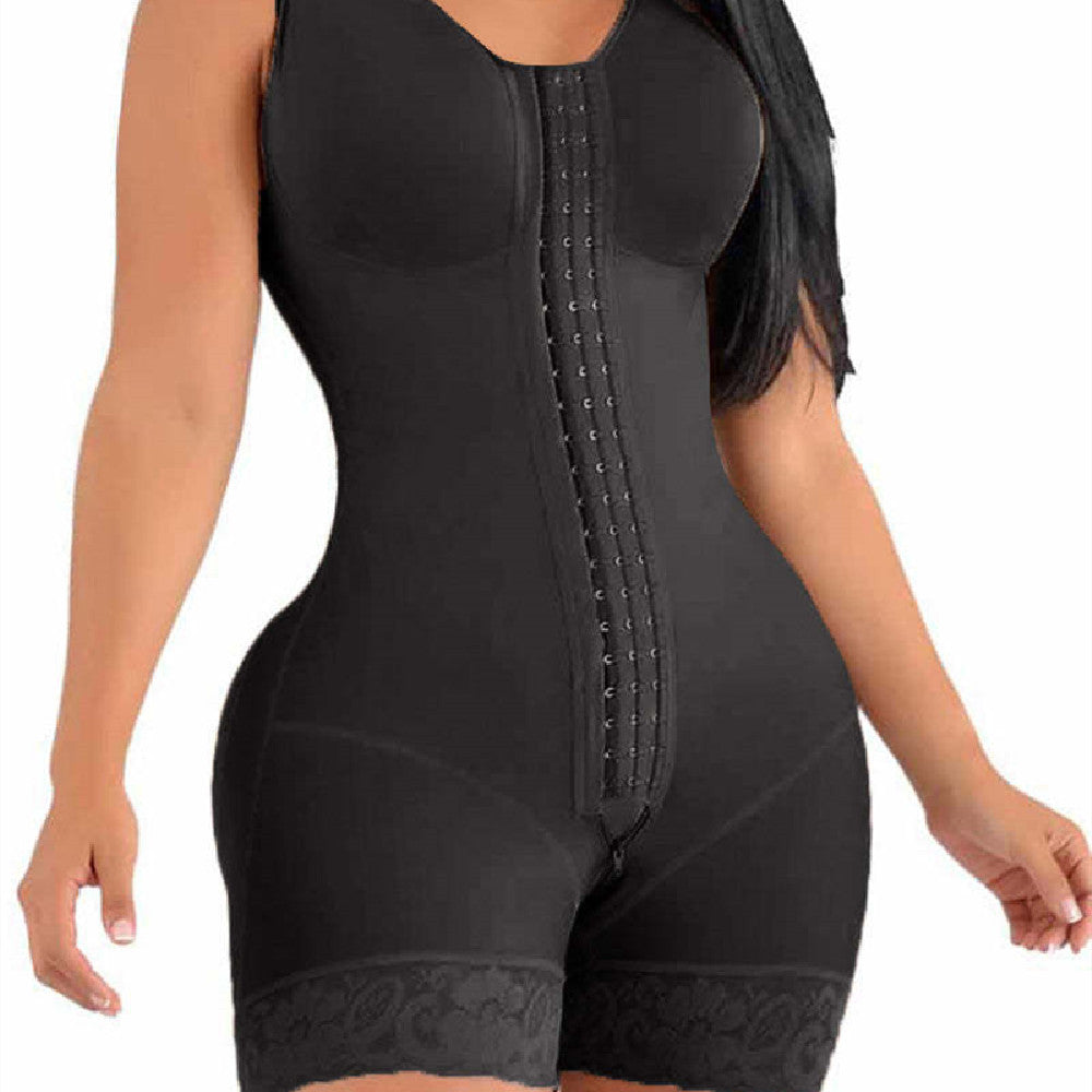 Women's sexy body shaping jumpsuit in black, waist support, hip lift, nylon fabric.