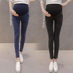 Maternity denim leggings in dark blue and black for pregnant women, providing abdomen support with sizes M to XXL.