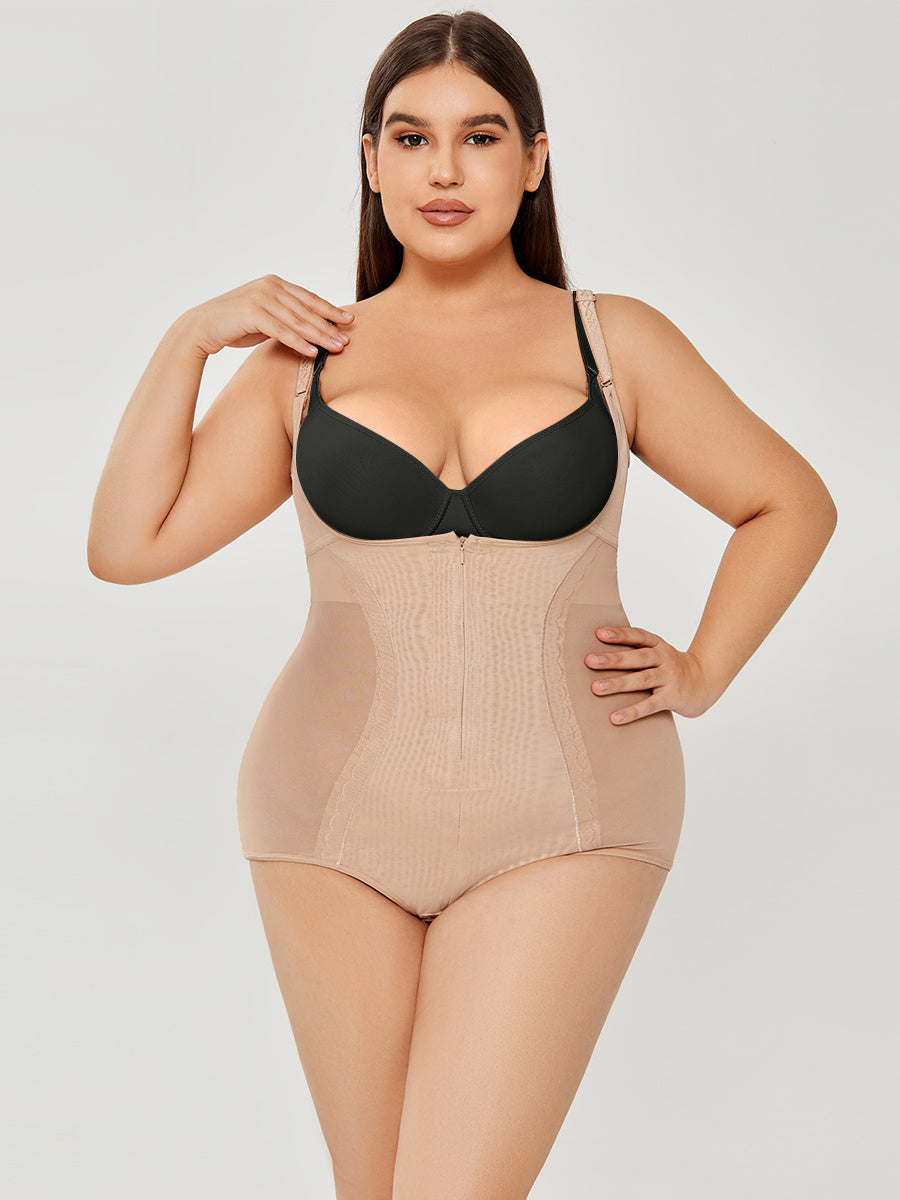 Shapewear bodysuit in apricot offering tummy control and slimming effect for women.