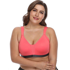 Woman wearing no steel collar underwear bra in pink, made of polyester fiber.