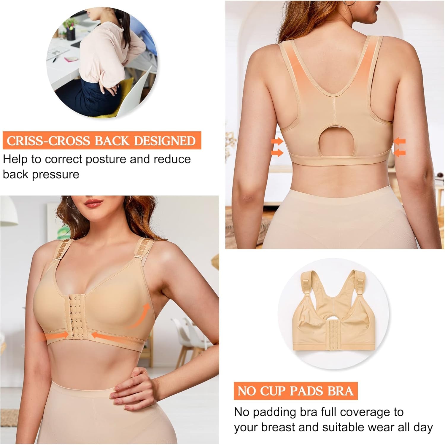 Post-Surgical Bra Wide Adjustable Straps with Front Closure Wirefree