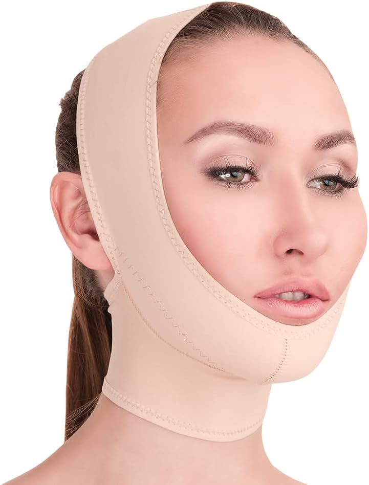 Post surgical chin strap bandage for women providing neck and chin support.