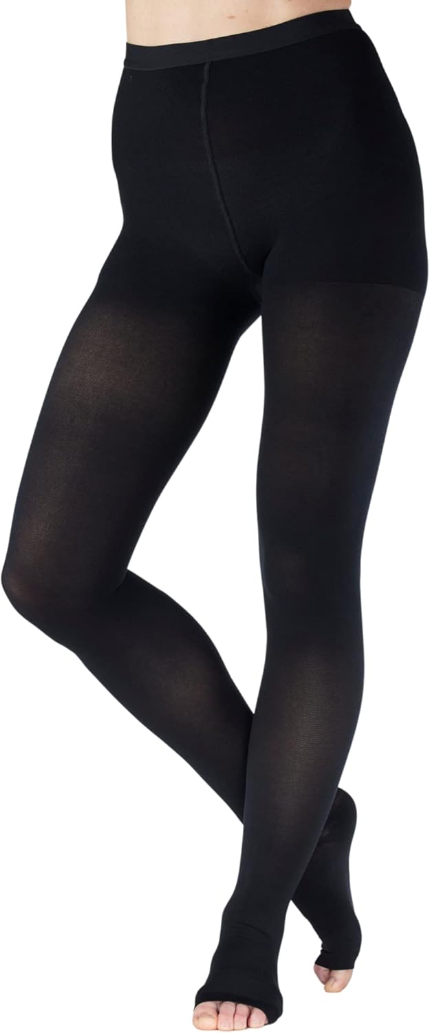 Black compression tights for women, featuring open toe design; provides 20-30 mmHg support for swelling and varicose vein relief.