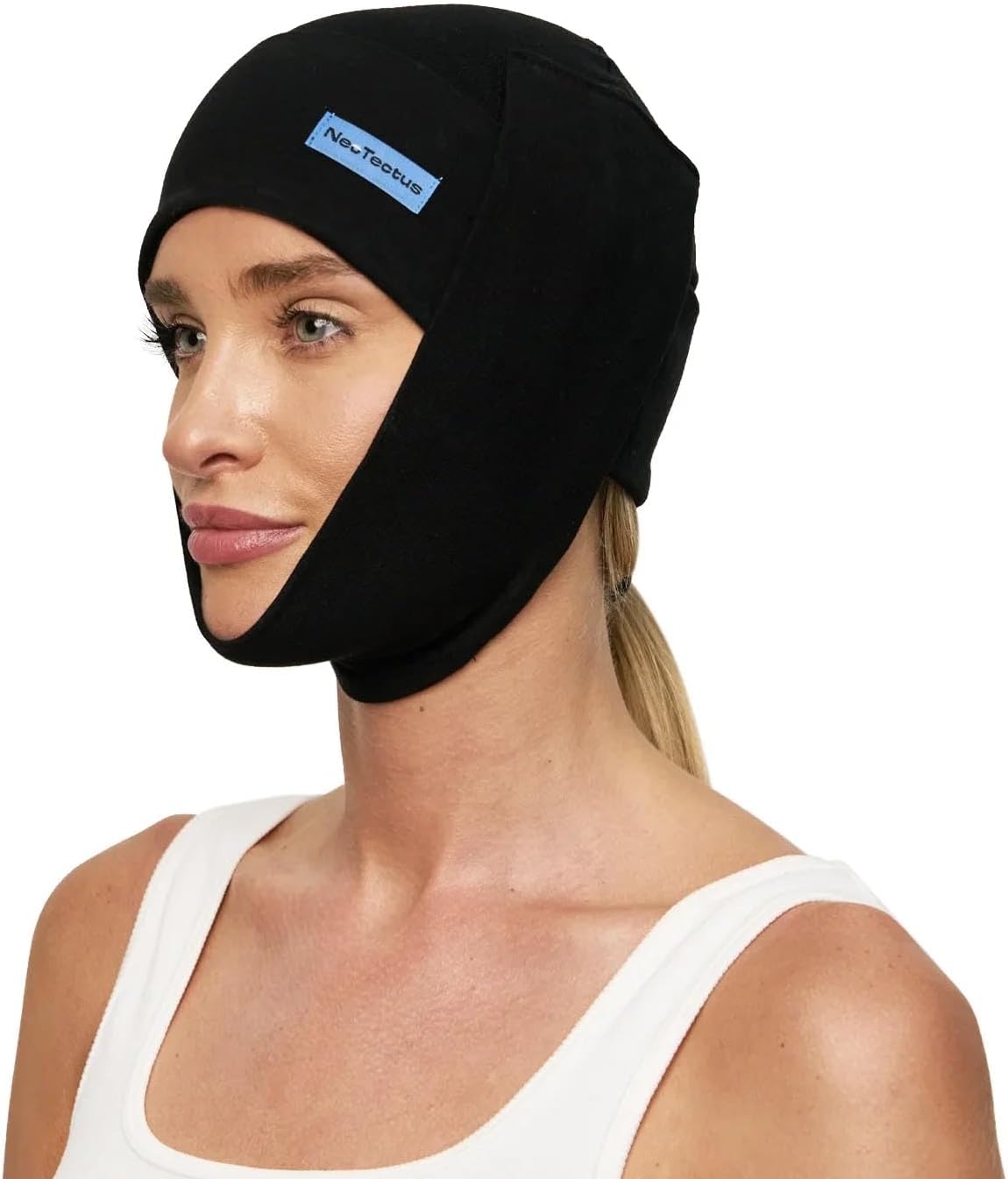 Post-facelift compression garment for optimal comfort and healing, black, worn on head and neck.