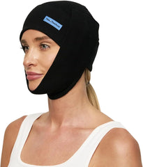 Post-facelift compression garment for optimal comfort and healing, black, worn on head and neck.