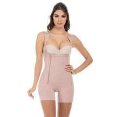 Plus size women's body shaper in skin color with adjustable straps and zipper closure.