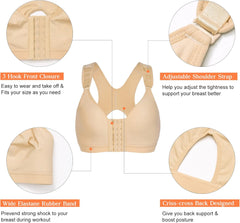 Post-Surgical Bra Wide Adjustable Straps with Front Closure Wirefree