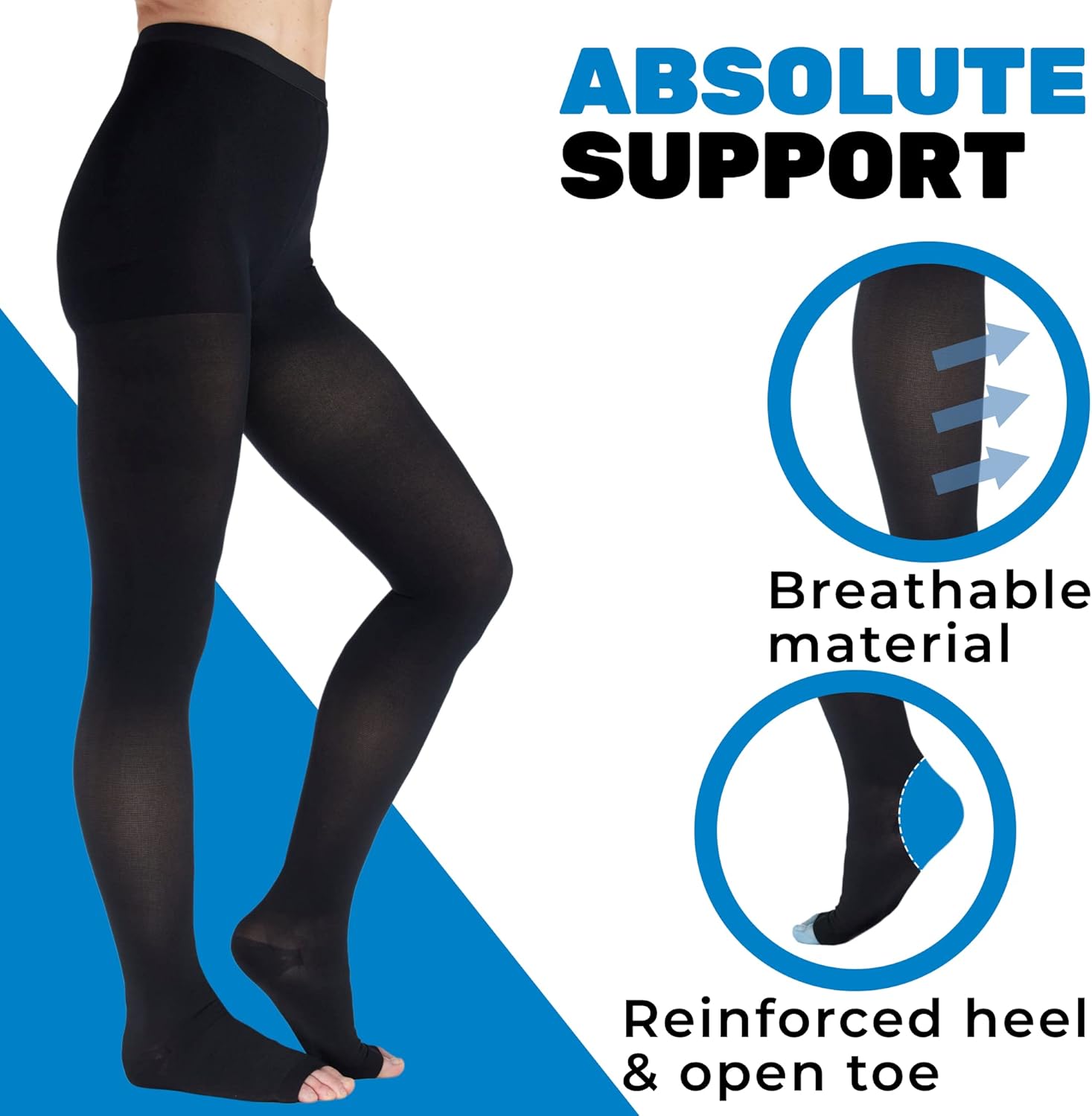 Compression Tights for Women 20-30Mmhg with Open Toe - Opaque Graduated Support Pantyhose for Swelling, Edema, Varicose Veins Circulation during Pregnancy - Black, Large - A214BL3