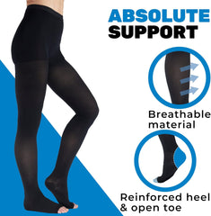 Compression Tights for Women 20-30Mmhg with Open Toe - Opaque Graduated Support Pantyhose for Swelling, Edema, Varicose Veins Circulation during Pregnancy - Black, Large - A214BL3