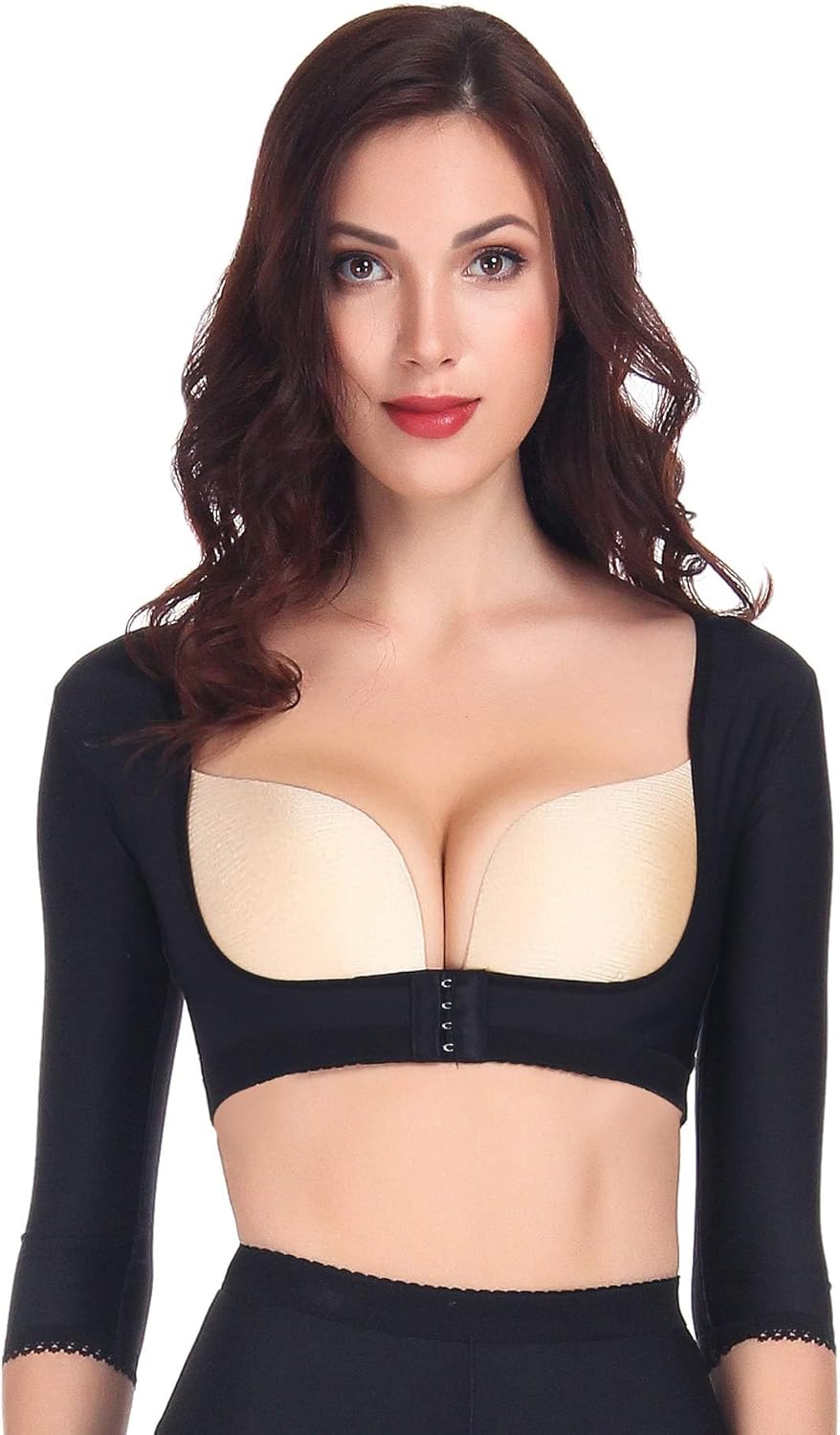Arm shapewear post surgical compression sleeves for women with lace detail and hook closure.