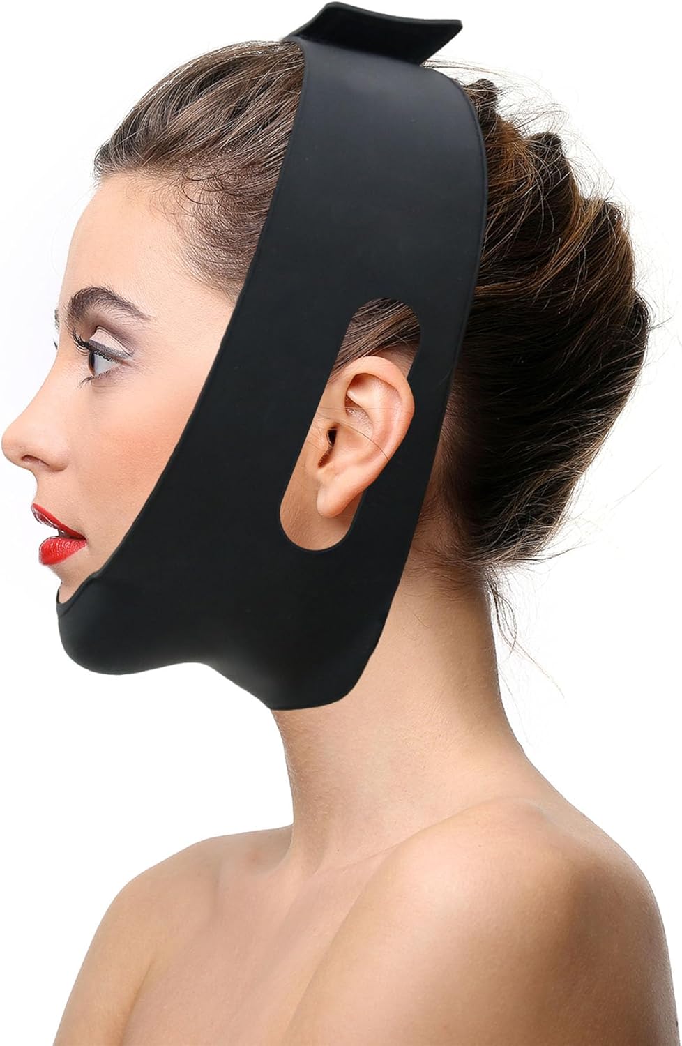 Black post surgical chin strap for women, anti-snoring silicone garment, adjustable fit.