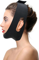 Black post surgical chin strap for women, anti-snoring silicone garment, adjustable fit.