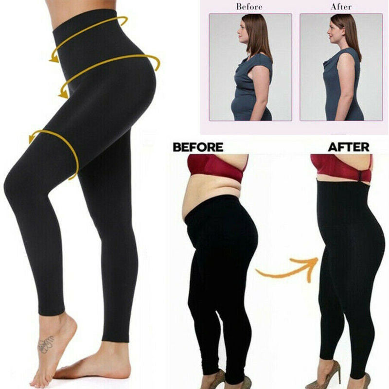 High waist plain leggings showcasing before and after fit.