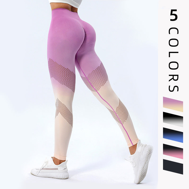 Hollow design gradient yoga pants, seamless high waist, hip lifting leggings in various colors.