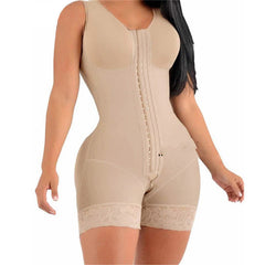 Belly shaping jumpsuit with crotch zipper and three-breasted corset in skin color.