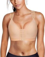 Wirefree post-surgical bra with wide adjustable straps and front closure.
