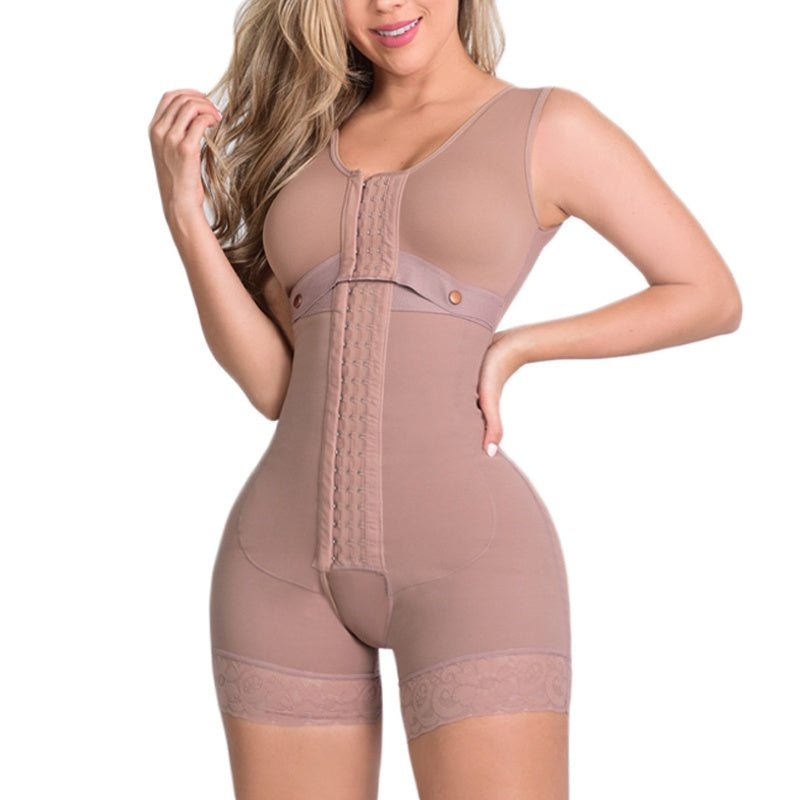 Pink high compression full body shapewear with hook and eye front.